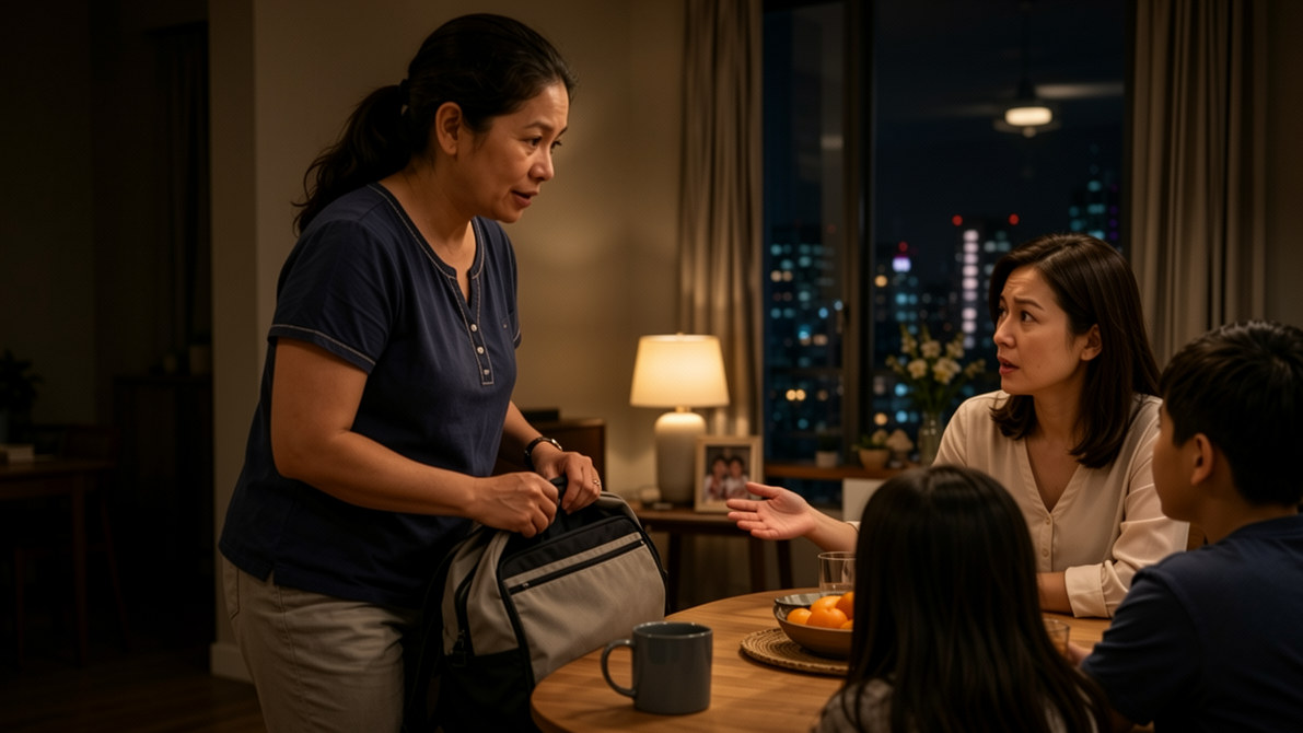 Domestic helper leaving a household with her travel bag