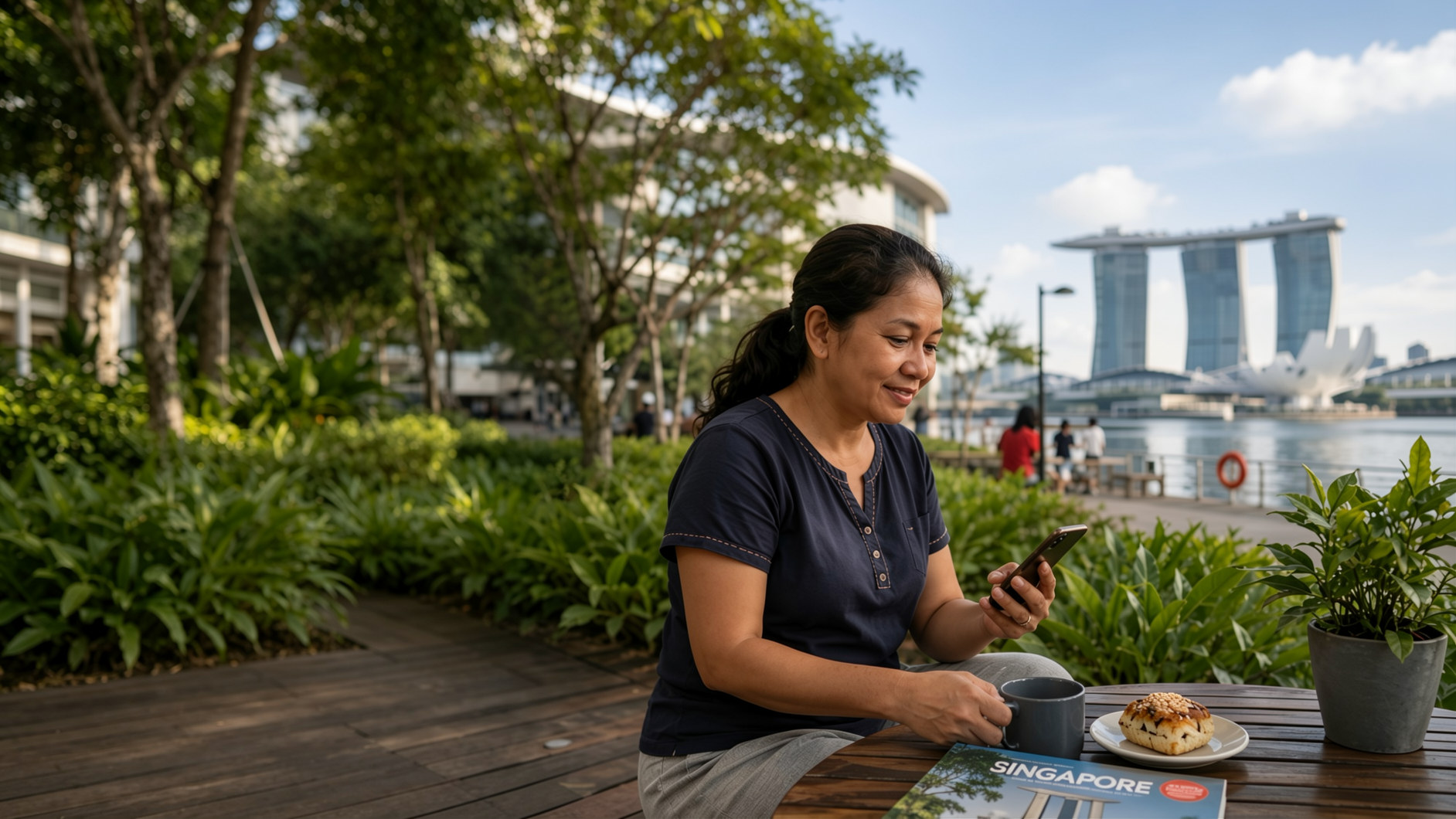 Domestic helper enjoying her rest day at Marina Bay, Singapore