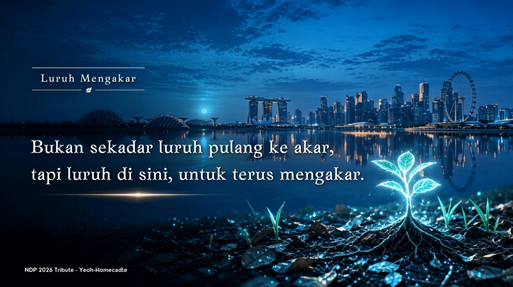 Bahasa quote card for Luruh Mengakar with the line Bukan sekadar luruh pulang ke akar, tapi luruh di sini untuk terus mengakar