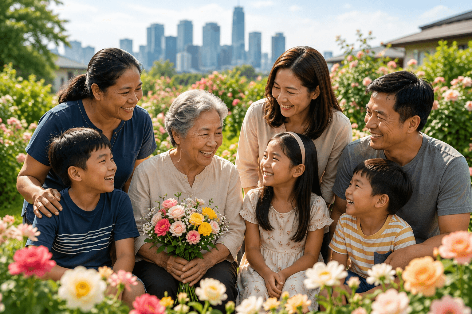 Domestic helper sharing a joyful moment with a multi-generational family