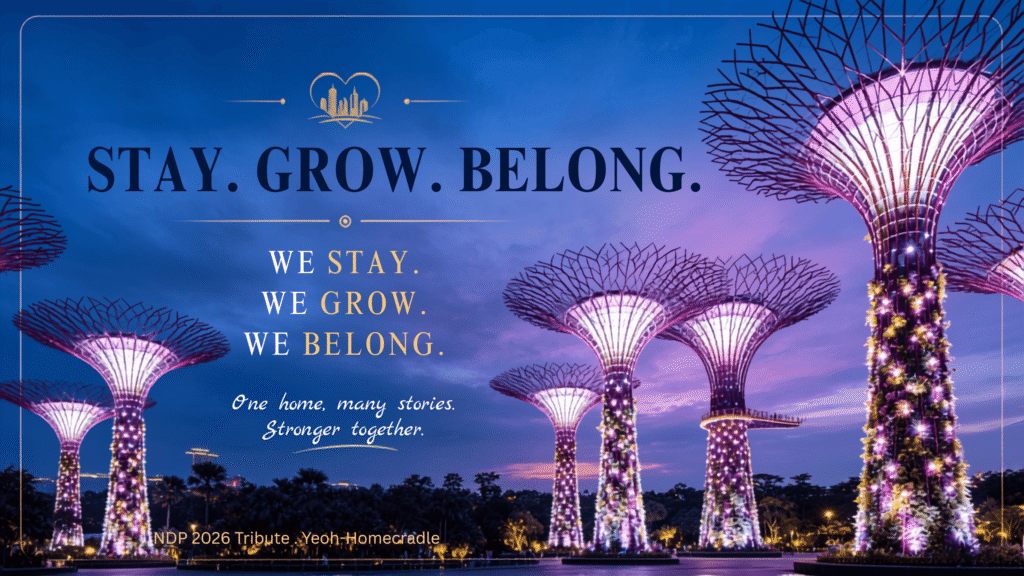 English quote card for Stay. Grow. Belong with the words We stay, We grow, We belong, created for Yeoh-Homecradle NDP 2026 Tribute Songs