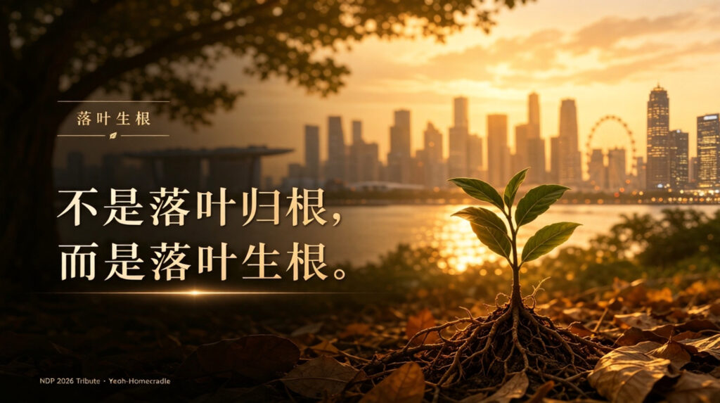 Mandarin quote card for NDP 2026 tribute song 落叶生根 with the line 不是落叶归根，而是落叶生根