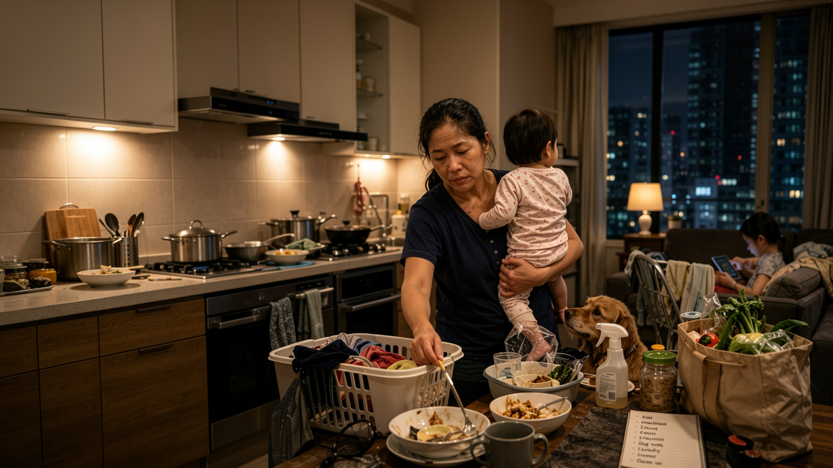 Domestic helper managing several household duties in a busy home
